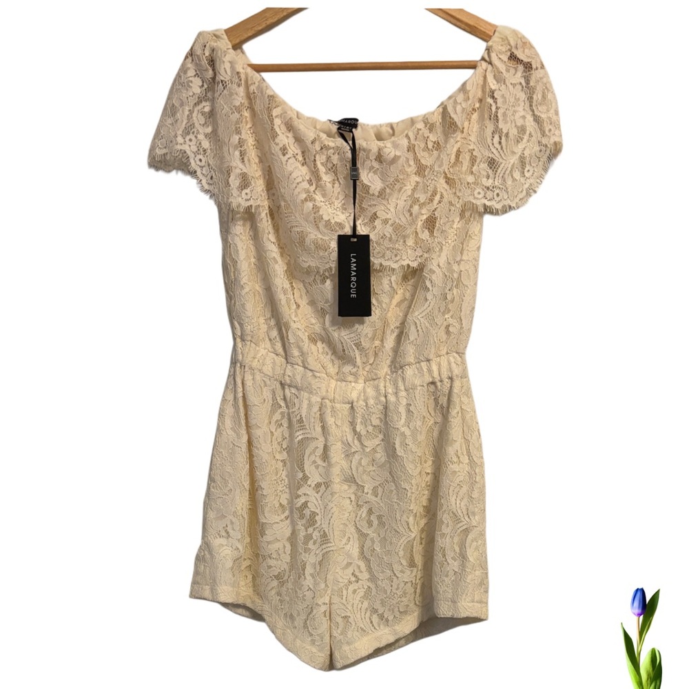 Lamarque Sina Lace Off The Shoulder Romper  White Sand size 6